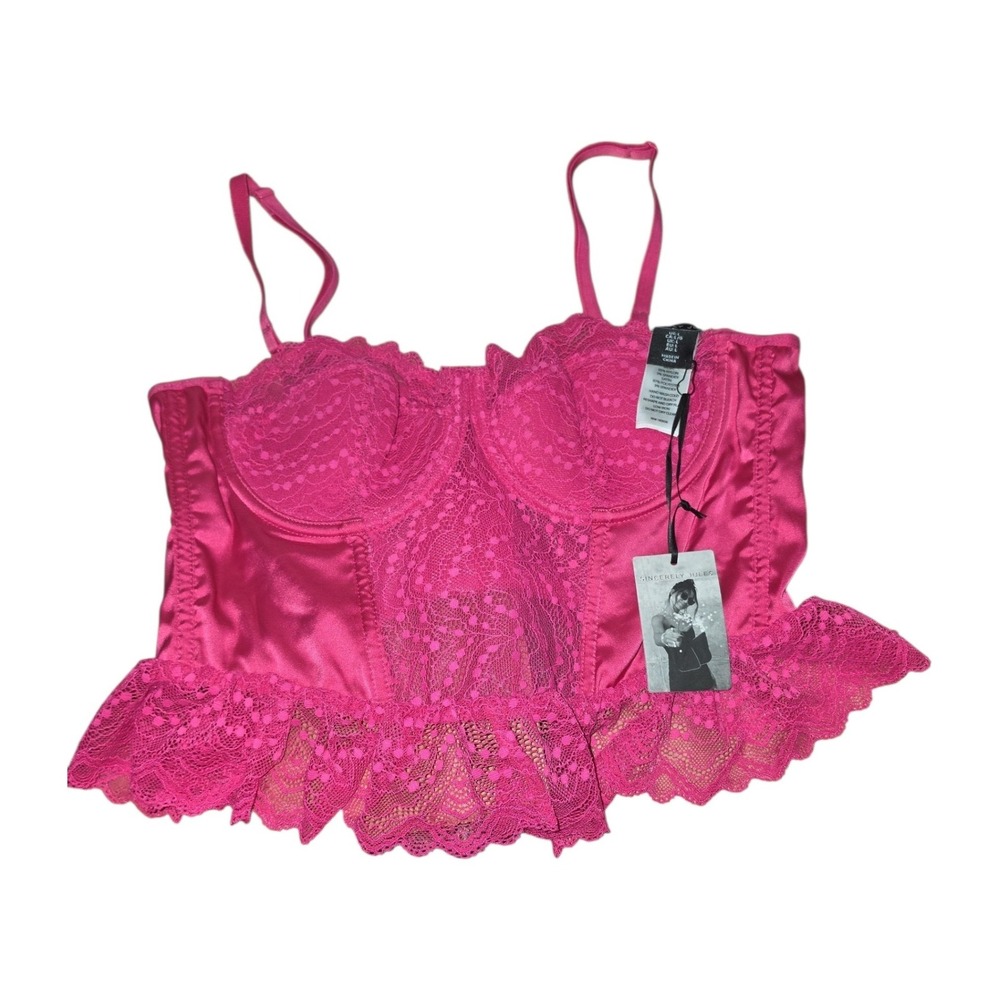 Sincerely Jules Hot Pink Lace Corset Top Ruffle Hem Adjustable Straps Large NWT